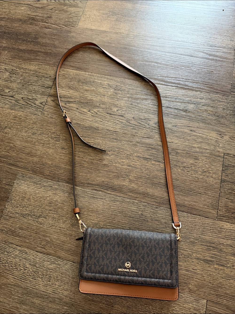 Michael Kors Brown Logo Canvas and Tan Leather Crossbody
